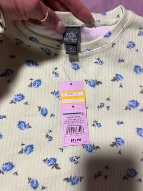 wild fable Cream Ribbed Top with Blue Rose Print